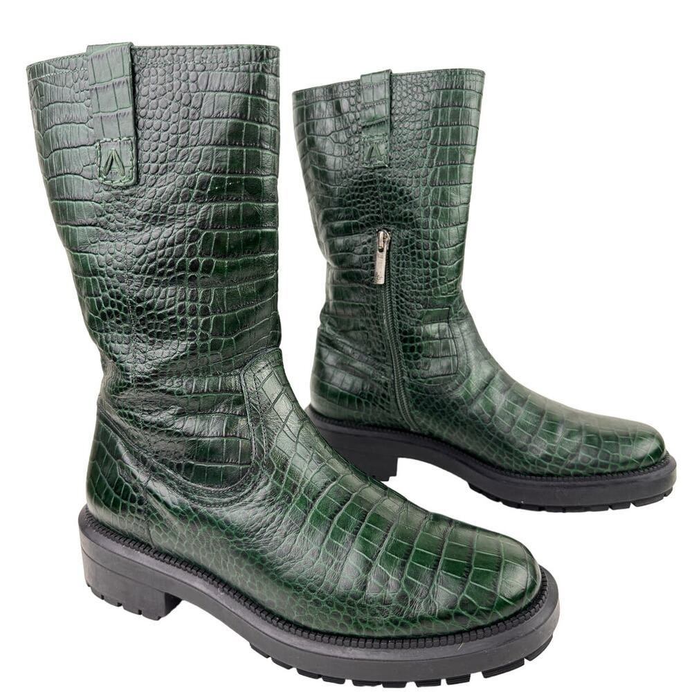 AQUATALIA Green Lilah Soft Croc Embossed Leather Pull-On Lug Sole Boot Size 5.5